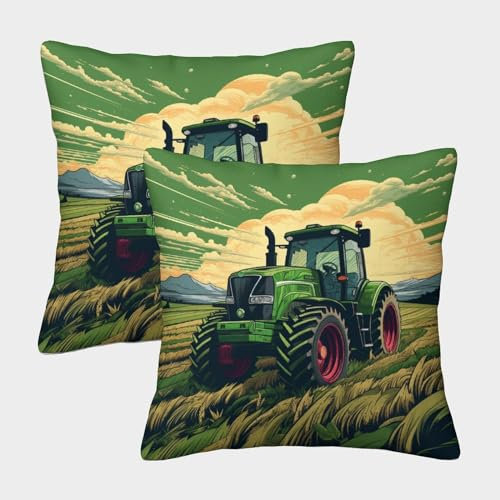 Grüner Traktor Bunt Gedruckt Bequemes Kissen Throw Kissenbezug Für Couch Wohnzimmer Art Deco Modern Geschenk Jahrestag 40x40cm,Packung Mit 2