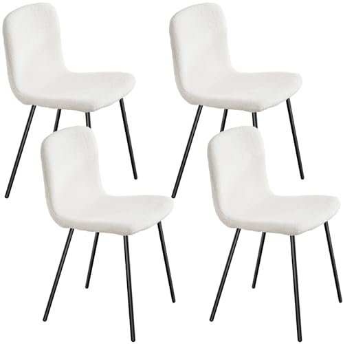 WAFTING Esszimmerstühle 4er Set, stühle aus Teddyvlies und schwarz lackierten Metallbeinen, für Esszimmer, Schlafzimmer und Empfangsräume, weiß