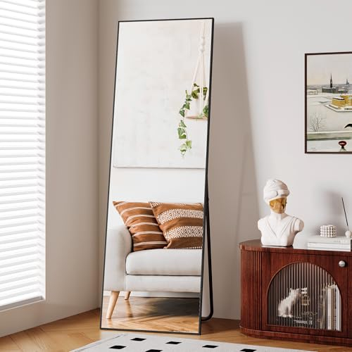 Clevich Grand Miroir sur Pied,avec Cadre en Aluminium, Miroir incliné ou Suspendu pour Salon, Chambre à Coucher, entrée (Noir, 162 x 53cm)