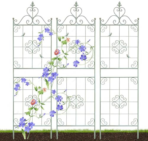 Lot de 3 treillis de jardin en fer forgé antirouille pour plantes grimpantes, treillis décoratif pour décoration de jardin (vert, 210 cm)