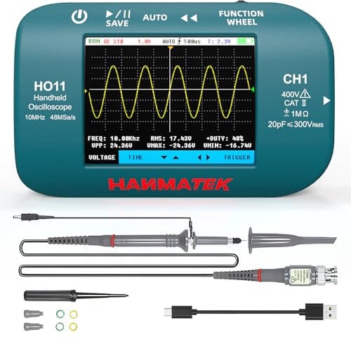 Oscilloscopio Digitale, HANMATEK HO11 Mini Oscilloscopio da 2,8TFT, Larghezza di Banda di 10 MHz, Campionamento ad Alta Precisione di 48 msa/s, Ricaricabile via USB