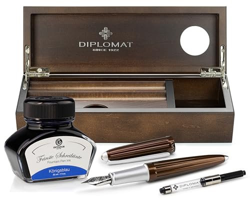 Diplomat Aero Füllhalter Set in Marrakesh mit Edelstahlfeder M und Füllertinte Königsblau im Tintenglas, Tintenkonverter und Stifteablage aus Holz - Wenge, Schreibset