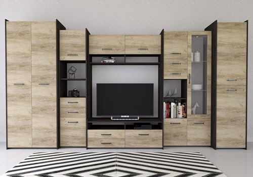 Easy4You Wohnwand Mokka II B:360 cm Eiche Canterbury/Country Grau Stilvolles Funktionales Möbelset für Wohnzimmer TV-Schrank Regale Vitrine