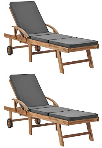 HaoChrymec Juego de 2 Tumbonas de Exterior, Madera de Teca Maciza, Respaldo Ajustable 3 Posiciones, con Cojines y Ruedas, para Jardín, Piscina o Camping, Color Gris Oscuro, 195 x 59.5 cm