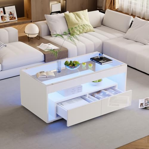 EURHCIO Table Basse Salon Blanche 50x100x40cm,Table D'appoint Brillante,Meuble Bas Rangement avec Lampe LED Réglable,2 Grands Tiroirs,Plateau en Verre,pour Bureaux Appartements (A, Blanc)