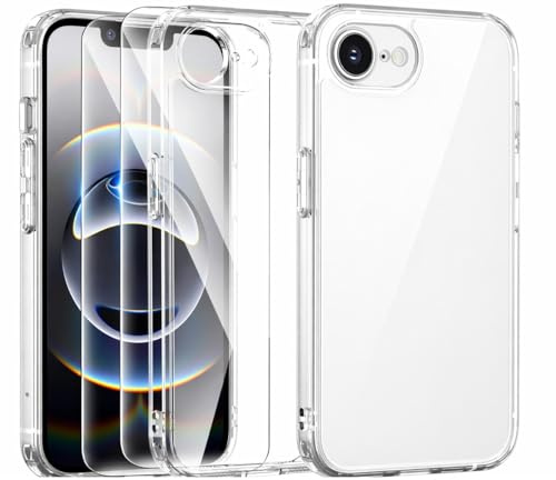 Clear Case for iPhone 17e / iPhone 16e, with [2 x Screen Protector Glass] [Ultra Slim] Scratch Resistant TPU Gel Rubber Soft Skin, Protective Phone Case Cover for Apple iPhone 16e / iPhone 17e