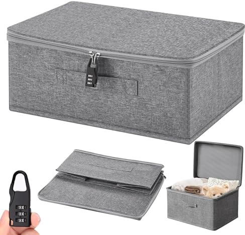 FuYelng Faltbare Abschliessbare Box aus Stoff (30 X 20 X 14 cm) | Abschließbare Aufbewahrungsbox aus Stoff Aufbewahrungsbox Schloss Verschließbare Box, für Bettwäsche Kleidung Grau Usw