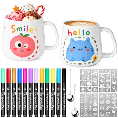 Bohoray 2 STK Keramik Bemalen Set mit 12 Keramikstifte für Geschenke | DIY Tassen Bemalen Set Enthält 12 Keramikstifte, 4 Vorlagen für Aufkleber, 2 Runder Löffel für Personalisierte Geschenke