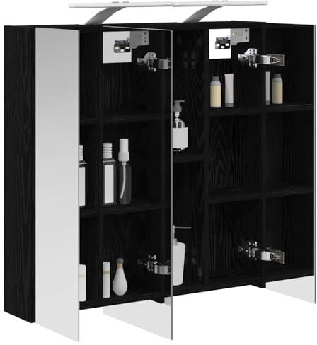vidaXL Badezimmerspiegelschrank Schwarz Eichen-Optik 70 x 14,5 x 70 cm, Badezimmer Aufbewahrung, rechteckiger Schrank, modernes Design, platzsparender Wandspiegel, verstellbares Regal, Organizer