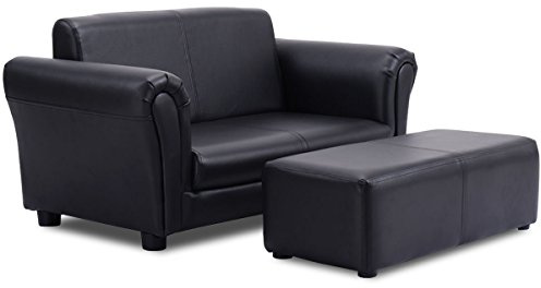Costzon Kids Couch with Footstool, 2 in 1 Double Seat Children's Sofa w/PU Leather Surface, Armrest Chair Lounge, Soft Kids Sofa for Preschool Bedroom Kids Room Toddlers Boys Girls Birthday (Black)