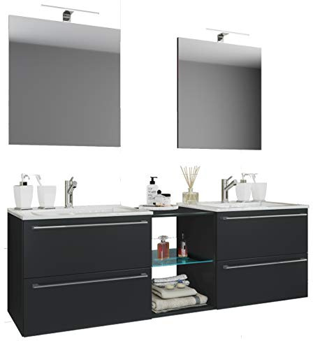 VCM Badmöbel Waschtisch Schwarz 157x46x91 cm 4 Schubladen 6 Fächer Stauraum | Großes Waschtisch-Set mit reichlich Stauraum - Familienbad - für große Familien - Holzwerkstoff, Waschbecken aus Keramik