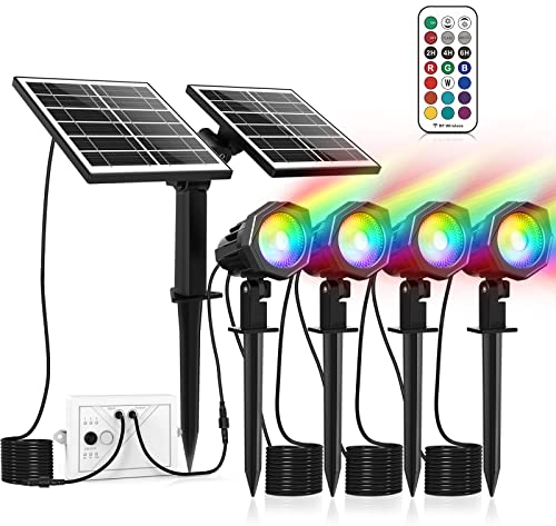 MEIHUA Solar RGB Strahler 4 Stück, 2 Blatt Solarpanel Gartenleuchte mit Fernbedienung, IP66 Wasserdichte 10 Farben 30 Modi Farbewechsel LED Gartenbeleuchtung Solar für Gärten, Sträucher