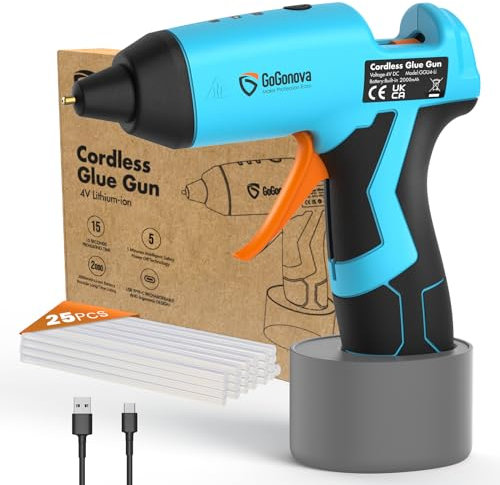 GoGonova Cordless Hot Glue Gun, 36W, 4V, 1.1 lbs, Black, Trigger Style, Compatible with Wood, Fabric, Plastic, Kit with 25 Pcs Glue Sticks, USB-C Charging Port