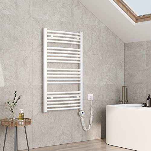 EMKE Scaldasalviette elettrico, 100 x 60 cm, curvo, scaldasalviette elettrico, con termostato, scaldasalviette elettrico, con barra riscaldante, bianco, 500 Watt