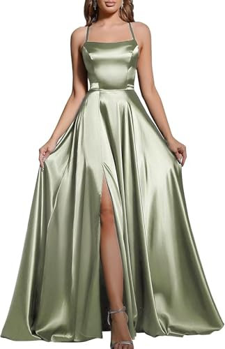 Babyonlinedress BABYONLINE D.R.E.S.S. Robe de Soirée Demoiselle d'honneur Longue Maxi Evasée avec traîne en Satin pour Cocktail Mariage Vert 46