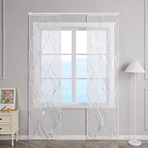 ESLIR Schiebegardinen Set 2er Flächenvorhänge Voile Gardinen mit Klettband Schiebevorhang Transparent Wohnzimmer Modern mit Wellen Muster Silber #1 BxH 57x175cm 2 Stück