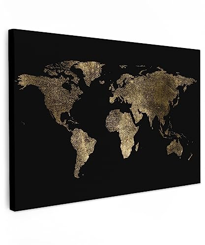 MuchoWow© Wandbilder Groß 120x80 cm XXL Wohnzimmer Wanddeko Schlafzimmer Zimmerdeko Fotowand Zimmer Deko Wand Dekoration Wall Art Bild Weltkarte Gold - Schwarz - Landkarte Welt - Luxus