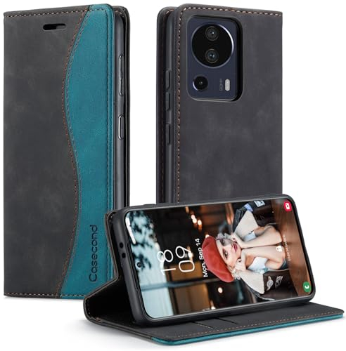 Casecond für Xiaomi 13 Lite Hülle Handyhülle Leder Flip Case Magnet Magnetisch Klappbar Klapphülle Wallet Lederhülle RFID Schutzhülle Schwarz und Blaugrün
