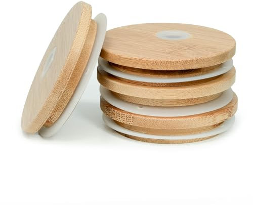 TERESRY 4 Pack Bamboo Lids for Glass Cups with Straw Hole, 2.75 inch/70 mm Wooden Lids for 16 OZ Beer Can Cups, Replacement Canning Lids for Regular Mouth 20 OZ 24 OZ Glass Cups