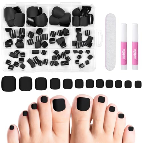 MELLIEX 120 Pièces Faux Ongles d'Orteil Faux Orteil Ongles Pieds Couverture Complète Capsule Tips Ongle Pied avec 2 Outils et 1 Limes à Ongles pour Manucure, 12 Tailles - Noir