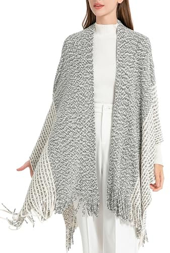 ZLYC Women's Lightweight Shawl Golden Trim Textured Knit Blanket Wrap Fringe Poncho with Contrast Trims(Chenille Gemischt Schwarz)