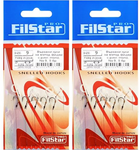 PRO FILSTAR Angelhaken Set mit Vorfach für Method Feeder 10 Stück, Größe 9, Monoschnur 10cm, DIA 0,25mm - Angeln Karpfen Zubehör - Ringhaken für Pellets - Ring Hook - Karpfen Rig Haken Set - Sport Set