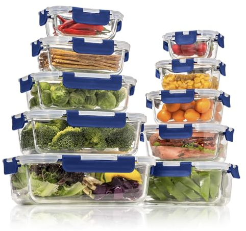 Vorratsbehälterset aus Glas, Glas-Frischhaltedosen,Aufbewahrungsbehälter für Küche und Restaurant mit Premium-Kunststoffdeckeln - luftdicht auslaufsicher Wiederverwendbar BPA-frei (10 Behälter)-Blau