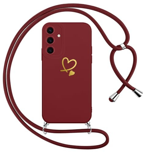 Oelrstfe Coque pour Samsung Galaxy S24 avec Cordon, Housse Étui Motif Or Coeur avec Collier Lanyard Réglable Mince Souple TPU Silicone Camera Antichoc Lanière Case pour Samsung S24, Bordeaux