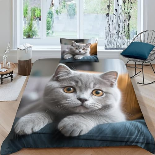 Britisch-Kurzhaar-Katze Bettlaken Für Erwachsene Kinder Jugendliche,3D Bedruckte Mikrofaser 2 Stück Bettbezug Set Mit Reißverschluss, Pflegeleichte Blaue Katze Bettwäsche Einzeln(135x200cm) Bettdecken
