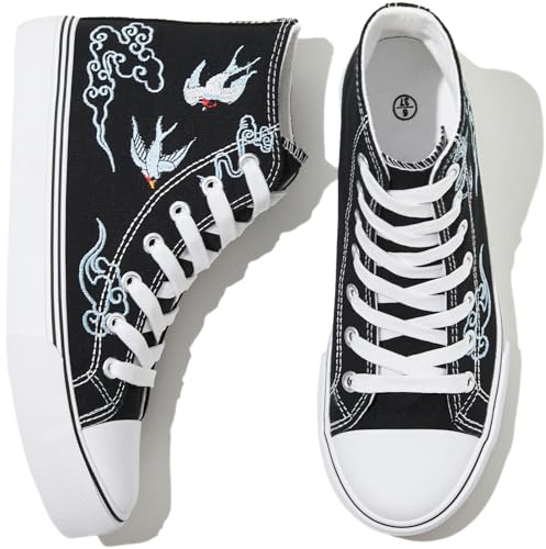 kufeiti Tenis de lona para mujer, de caña alta, con cordones, color blanco y negro, zapatos casuales para caminar, negro (Black Lucky), 41.5 EU