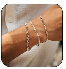 JEMARA 3 Pcs Stainless Steel Bracelets for Mens, Sturdy Curb Width Snake Figaro Cuban Chain Bracelet Set Adjustable Stack Silver Chain Bracelet for Men