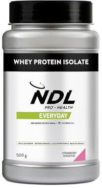 NDL Pro-Health Proteína isolada, Tonifica y aumenta la masa muscular, Mejora tus entrenamientos, Alto en proteínas, Bajo en grasas – Whey Protein Isolate - Strawberry Sensation –500 GR – 15 tomas