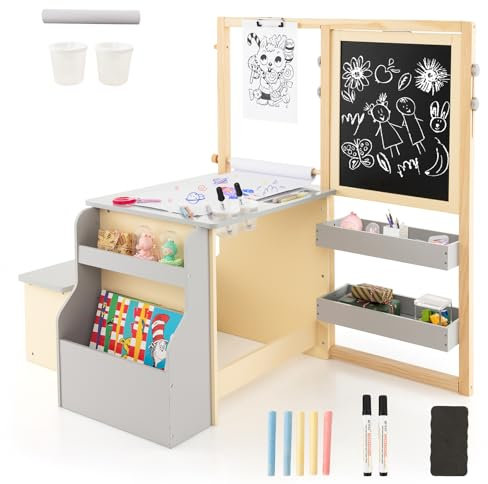 HOMASIS 6 in 1 Kindertafel, Holz Kindertisch Stuhl Set mit Staffelei, höhenverstellbare Maltafel mit Kreidetafel & Whiteboard & Papierrolle, Kindersitzgruppe für Kinder ab 3 Jahren (Grau)