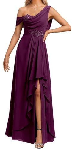 KURFACE Abito da damigella d'onore formale da donna, monospalla per madre della sposa, con applique in chiffon, lungo, prugna, 48