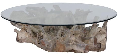 KaYu Meuble Table Basse Ronde en Racine de Teck SOUCHE Ø120cm et Plateau en Verre - L 120 x l 120 x H 42 cm