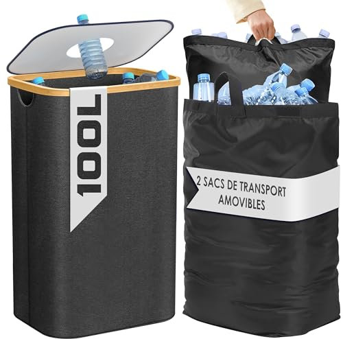 Poubelle de Cuisine 100L - Poubelle de Recyclage avec 2 Sacs de Transport XXL - Poubelle Tri avec Sac de Transport Supplémentaire - Poubelle 100l Cuisine avec Trou - Poubelle Plastique (Noir)
