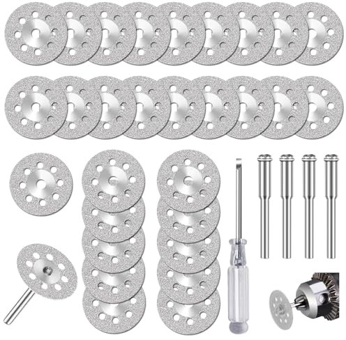 30 Stück Diamant Trennscheiben, 22 mm Mini Diamantscheibe mit 5 Stück 3 mm Dorn, Rotationswerkzeug Zubehör für Stein Holz Glas Fliese