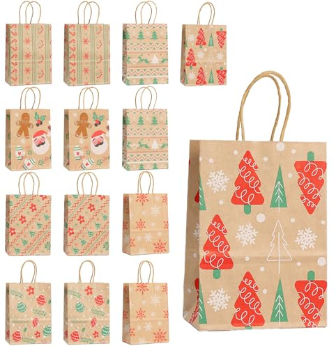 Ovanda 14 Stück Weihnachtstüten, Weihnachtstüten für Geschenke mit Griffen, Mittelgroße Taschen für Geschenke, Süßigkeiten Papierboxen, Weihnachtsgeschenktüten, Weihnachtsfeier Dekoration Zubehör