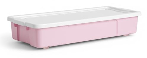 KYY'Z - 47L Wheeled Underbed Storage Boxes Plastic Storage Containers on Wheels Ideal for Clothes Toys Bedding Organiser Stackable Home Bedroom Storage Pink Box with White Lid