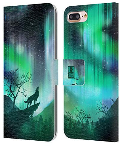Head Case Designs Heulender Wolf Grün Nordlichter Leder Brieftaschen Handyhülle Hülle Huelle kompatibel mit Apple iPhone 7 Plus/iPhone 8 Plus