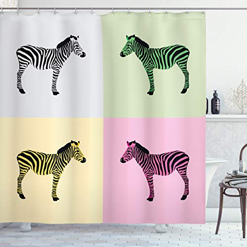 ABAKUHAUS Zebra Duschvorhang, Bunte Frames Pop, Stoffliches Gewebe Badezimmerdekorationsset mit Haken, 175 x 200 cm, Grün Gelb Rosa