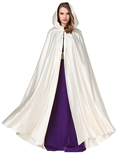 BEAUTELICATE Umhang Damen mit Kapuze Satin Cape Mantel Lang für Hochzeit Brautkleid Fasching Halloween Kostüm Mittelalter Robe Vampir Hexen (Hell Elfenbein, Einheitsgröße)