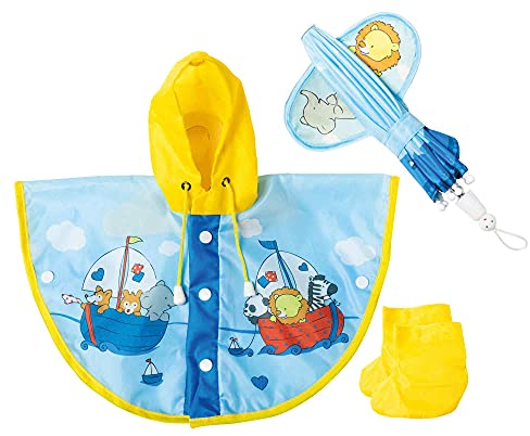 Heless 175 - Regen-Set für Puppen im Design Segelfreunde, 3 teilig mit Regen-Cape, Regen-Schirm und Regen-Stiefeln, Größe 28 - 35 cm
