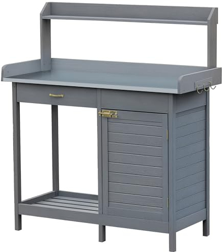 Outsunny Outdoor Potting Bench Table, Garden Work Station with Storage Cabinet, Open Shelf and Steel Tabletop, Gray