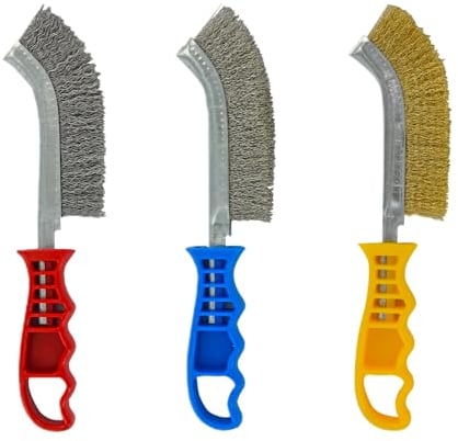 TIVOLY - Lot de 3 Brosses à Main - Brosses Métalliques en Acier, Acier Laitonné et Acier Inoxydable - Poignées Ergonomiques