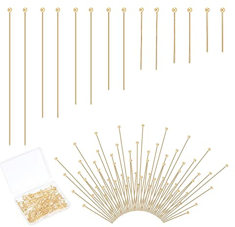 Pandahall Alfileres de Joyería de Acero Inoxidable 304 200 Unidades 7 Estilos Chapado en Oro de 24 Quilates Pines de Cabeza Esférica para Pendientes Pulseras Collares Joyas Manualidades