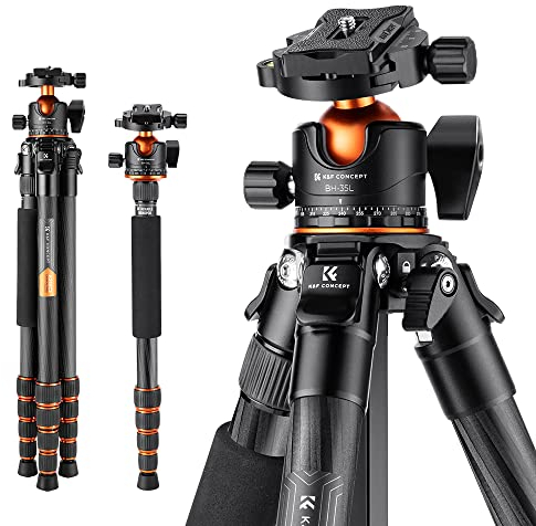 K&F Concept Treppiede per Fotocamera Carbonio,Treppiede Viaggio Leggero con Monopiede, Treppiede Professionale Compatto con 360° Testa a Sfera per Fotocamera DSLR, Carico Massimo: 15KG (A255C2+BH-36L)