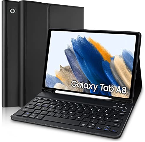 Samsung Galaxy Tab A8 Hülle mit Tastatur, QWERTZ Deutsches Layout Bluetooth Tastatur mit Stifthalter für Samsung Galaxy Tab A8 10,5'' 2021 SM-X200/ X205/ X207 (Schwarz) (Stift nicht enthalten)