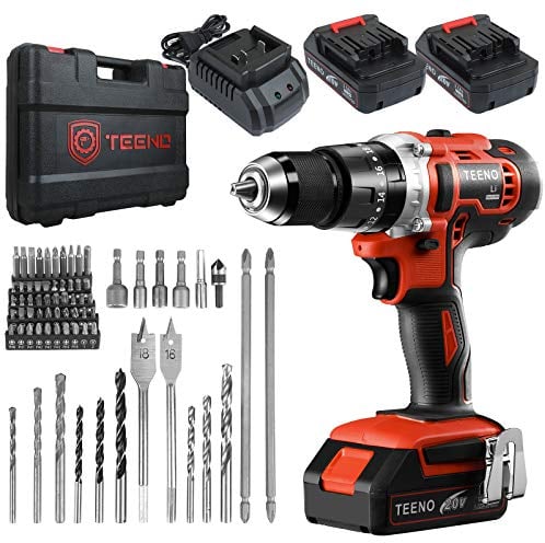TEENO Trapano avvitatore a batteria 2 x 2,0 Ah, max 45 Nm, Trapano Percussione a 2 Velocità, 69 Accessori, LED Luce, per Casa Progetto, Mandrino Autoserrante, per Riparazione, Fai da te
