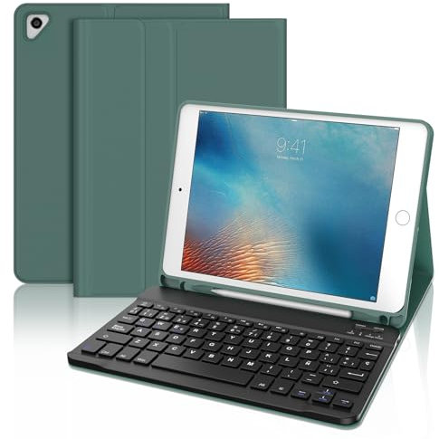 JADEMALL Funda con Teclado para iPad 6a Generación 9.7, Teclado Bluetooth Desmontable con Funda y Portalápices para iPad 6a Gen 2018/5a Gen 2017/iPad Pro 9.7 2016/iPad Air 2/iPad Air 1, Verde Oscuro
